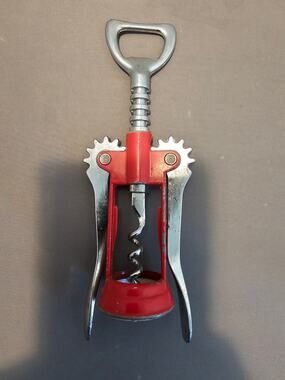 Red/Silver Corkscrew Wine Bottle Opener w/Fins - Push Down - 6-1/2"